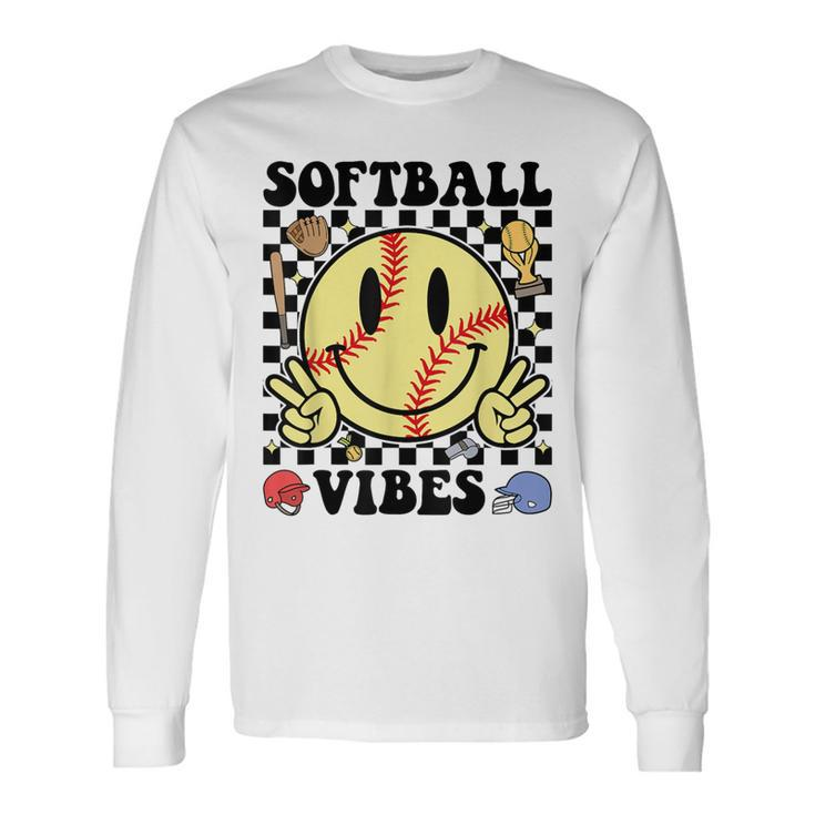 Softball Vibes Smile Face Game Day Softball Mom Long Sleeve T-Shirt