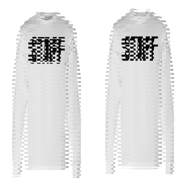 Staff Atrás Negro Texto Uniforme Para Adultos Blanco Camiseta de manga larga