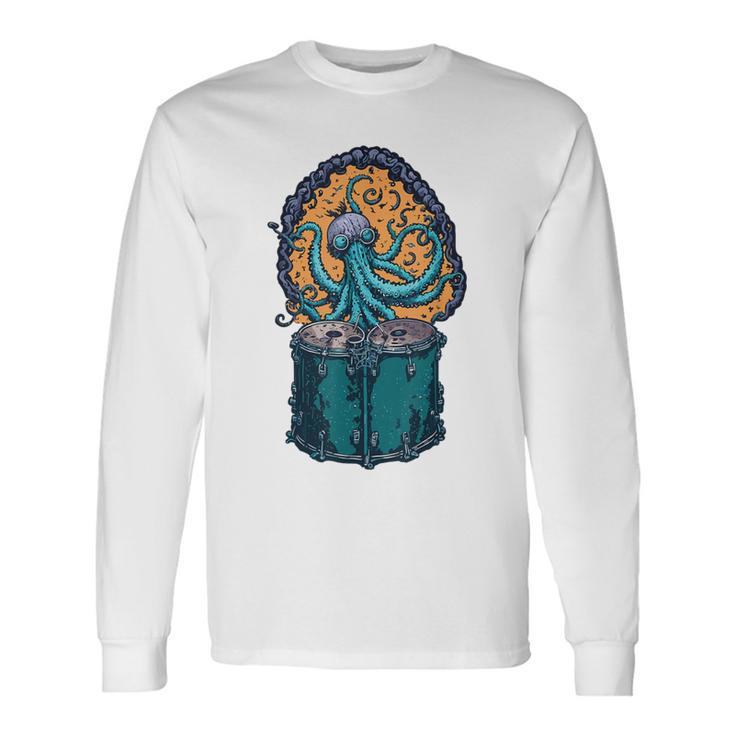 Steampunk Octopus Playing Drums Drummer Drum Kit Long Sleeve T-Shirt