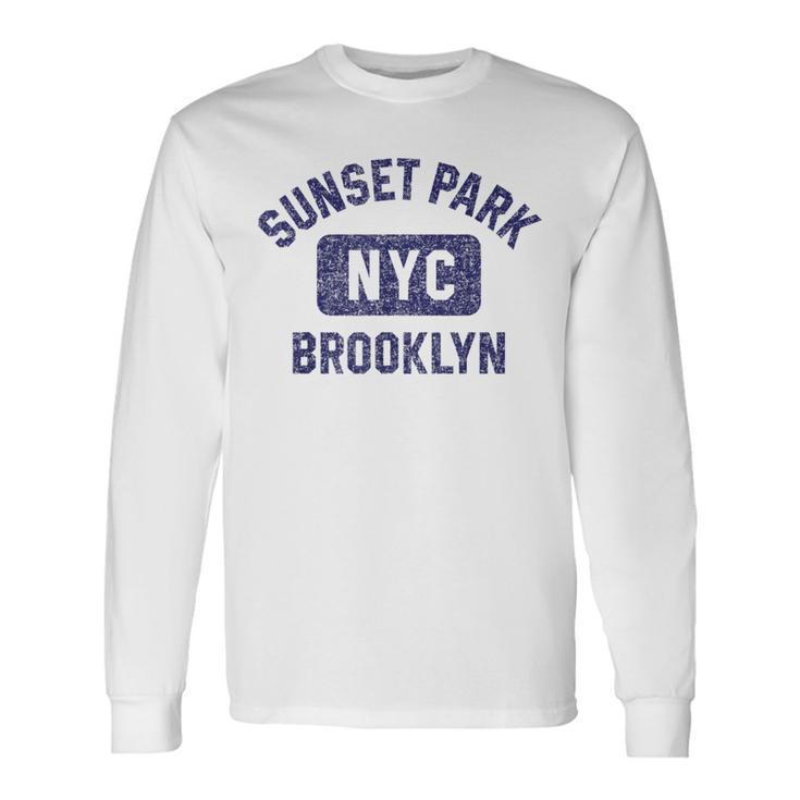 Sunset Park Nyc Gym Style Distressed Navy Blue Print Long Sleeve T-Shirt