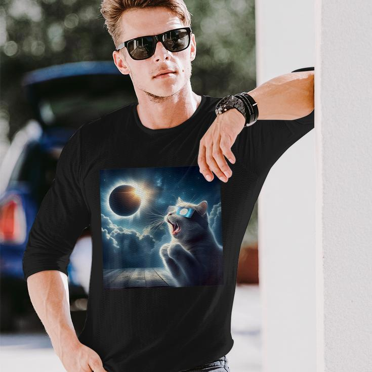 2024 Total Solar Eclipse Cat Wearing Glasses Totality Cat Long Sleeve T-Shirt Gifts for Him
