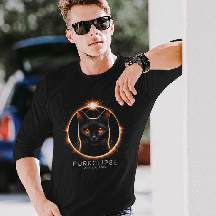 2024 Total Solar Eclipse Purrclipse Cat With April Date Long Sleeve T-Shirt Gifts for Him