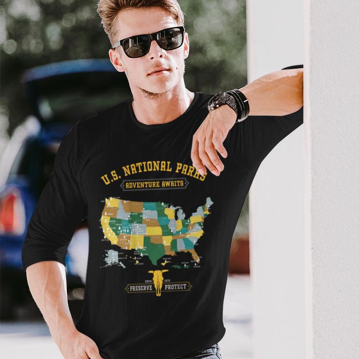 All 63 Us National Parks Map Outdoor Adventure On Back Long Sleeve T-Shirt Gifts for Him