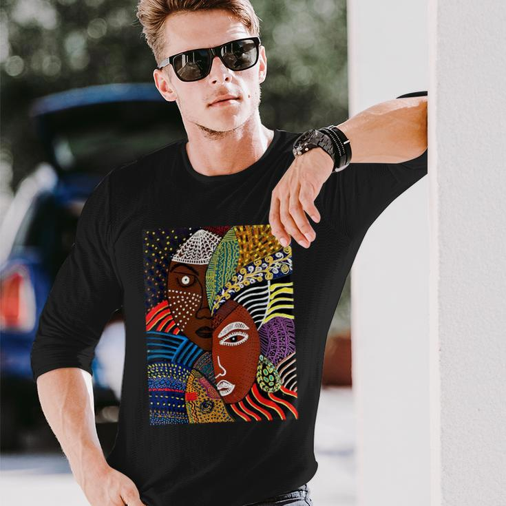 Abstract Brown Skin African American Tribal Mask Black Long Sleeve T-Shirt Gifts for Him