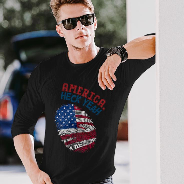 America Heck Yeah Fingerprint Flag Patriotic Usa Long Sleeve T-Shirt Gifts for Him