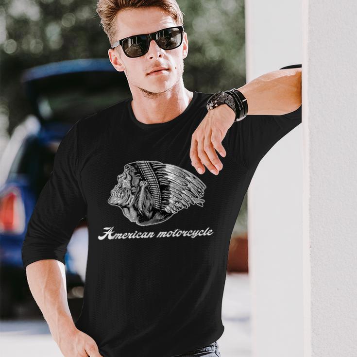 American Motorcycle Skull Native Indian Eagle Chief Vintage Long Sleeve T-Shirt Gifts for Him