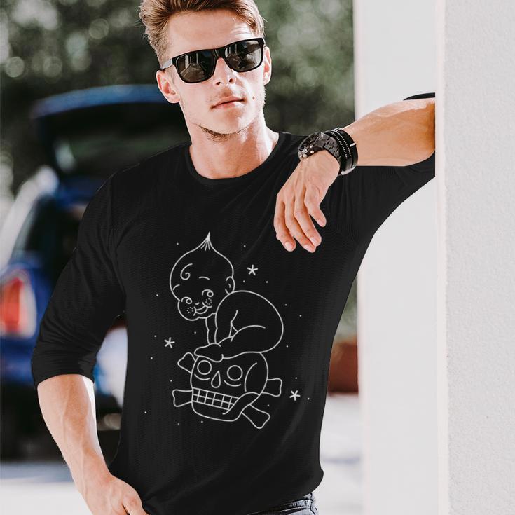 American Traditional Kewpie Doll And Skull Outline Tattoo Long Sleeve T-Shirt Gifts for Him