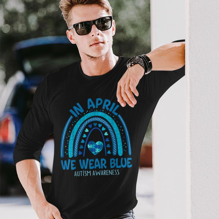 In April We Wear Blue Autism Awareness Puzzle Rainbow Long Sleeve T-Shirt Gifts for Him