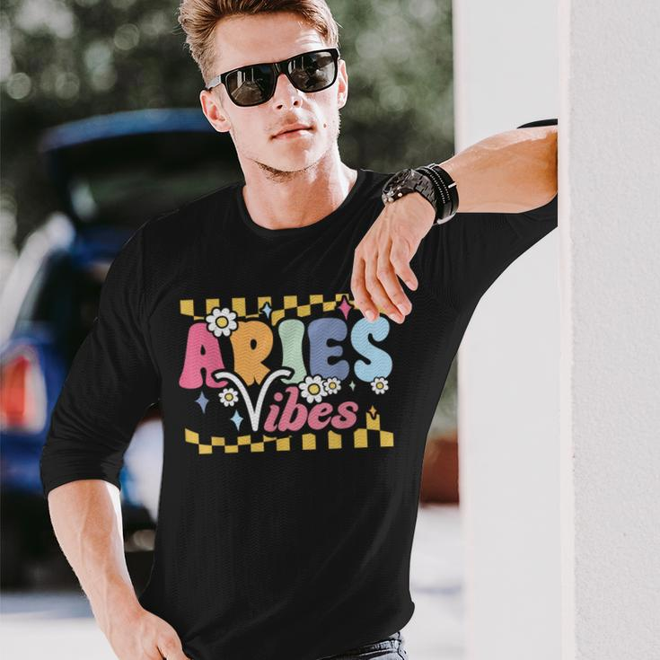 Aries Vibes Zodiac March April Birthday Astrology Groovy Long Sleeve T-Shirt Gifts for Him