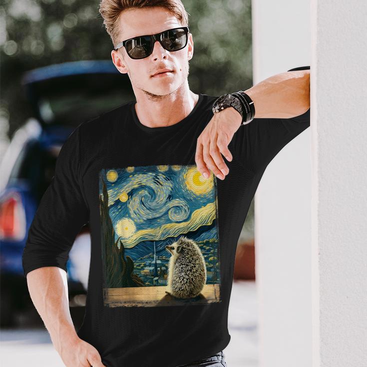 Artistic Hedgehog Van Gogh Style Starry Night Hedgehog Long Sleeve T-Shirt Gifts for Him