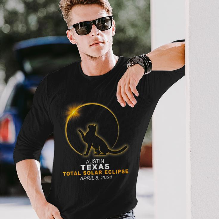 Austin Texas Cat Total Solar Eclipse 2024 Long Sleeve T-Shirt Gifts for Him