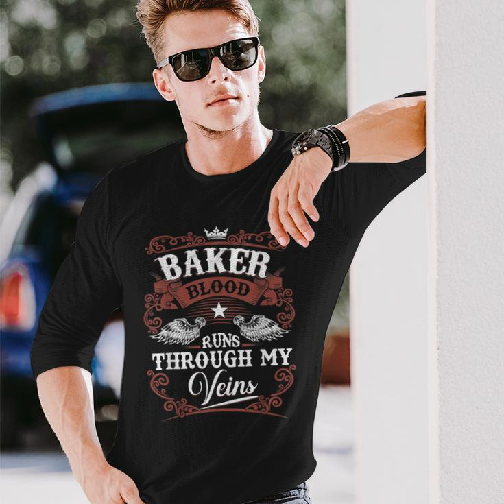Baker Blood Runs Through My Veins Family Name Vintage Long Sleeve T-Shirt Gifts for Him
