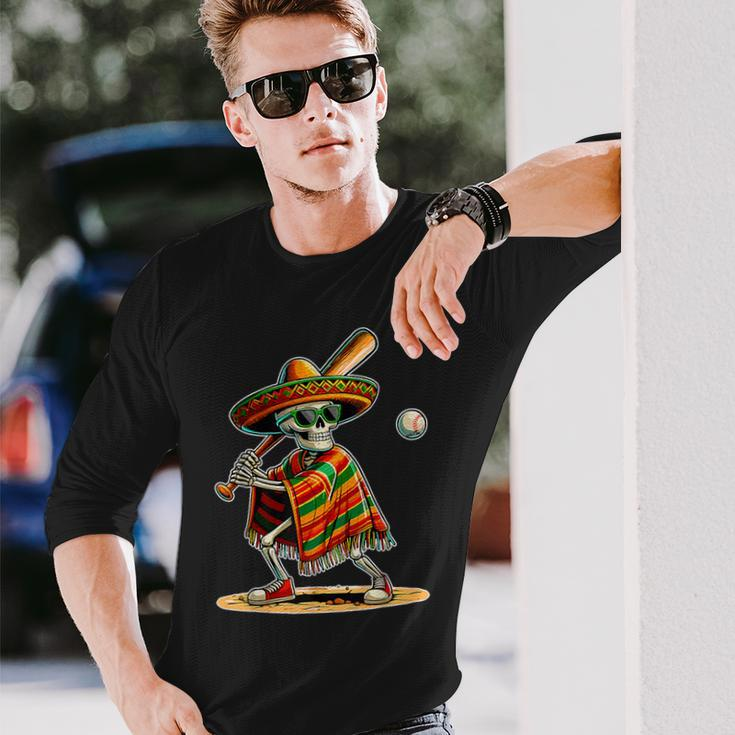 Baseball Skeleton Mexican Sombrero Cinco De Mayo Long Sleeve T-Shirt Gifts for Him