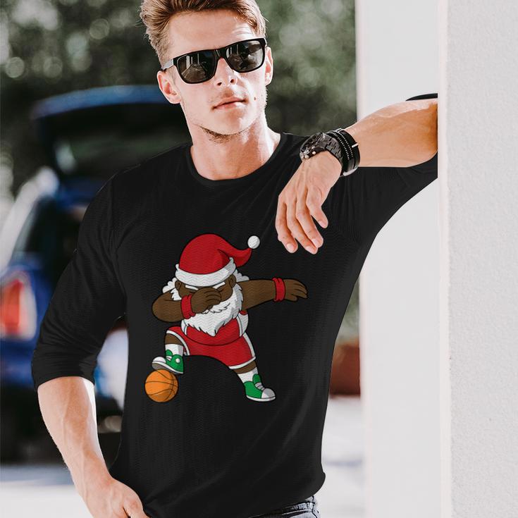 Basketball Dabbing Black African American Santa Claus Long Sleeve T-Shirt Gifts for Him