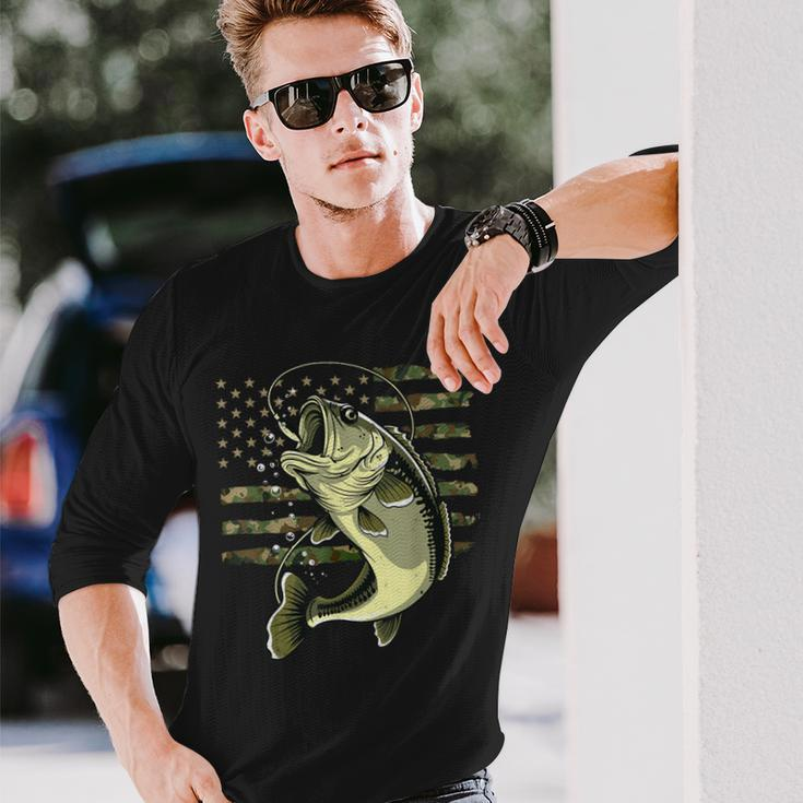 Bass Fish Fishing Usa American Flag Camouflage Fisherman Long Sleeve T-Shirt Gifts for Him