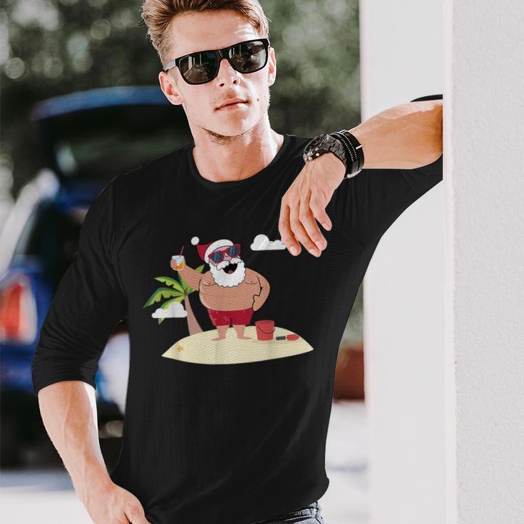 Beach Santa Tropical Christmas Palm Trees & Drinks Long Sleeve T-Shirt Gifts for Him