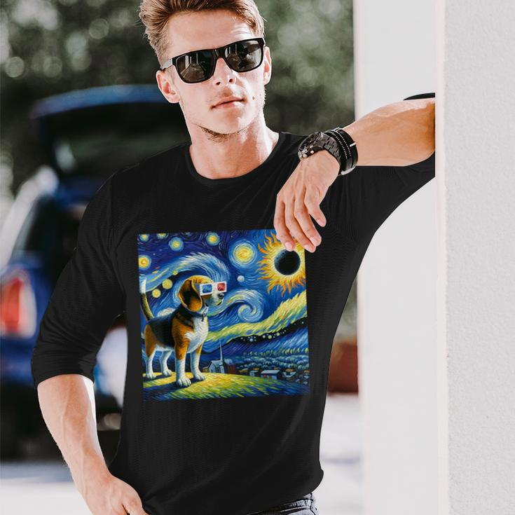 Beagle Dog Solar Eclipse Glasses 2024 Van Gogh Starry Night Long Sleeve T-Shirt Gifts for Him
