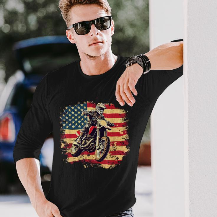 Bike American Vintage Usa Flag Motocross Biker 4Th Of July Long Sleeve T-Shirt Gifts for Him