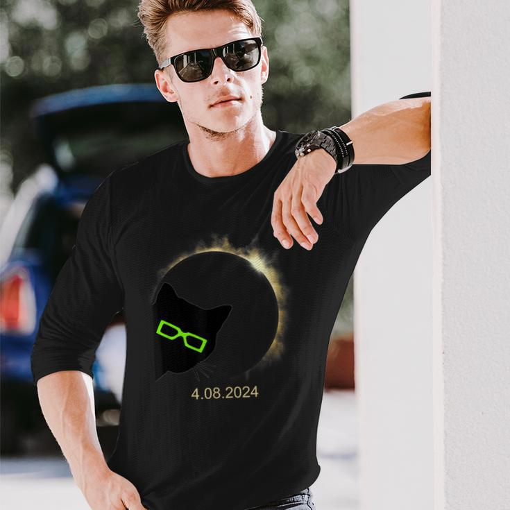 Black Cat Wearing Solar Eclipse Glasses 2024 Solar Eclipse Long Sleeve T-Shirt Gifts for Him