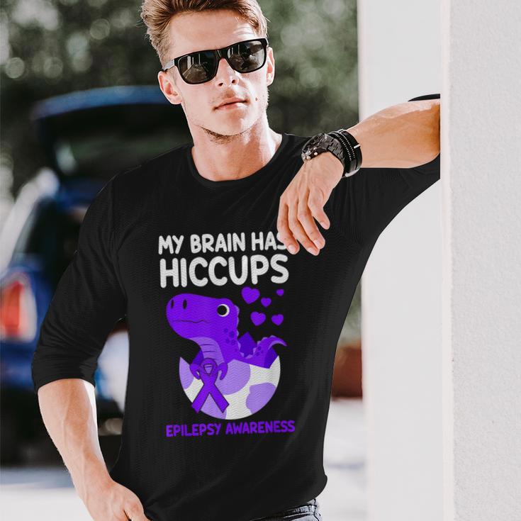 My Brain Has Hiccups Purple Ribbon Epilepsy Awareness Long Sleeve T-Shirt Gifts for Him