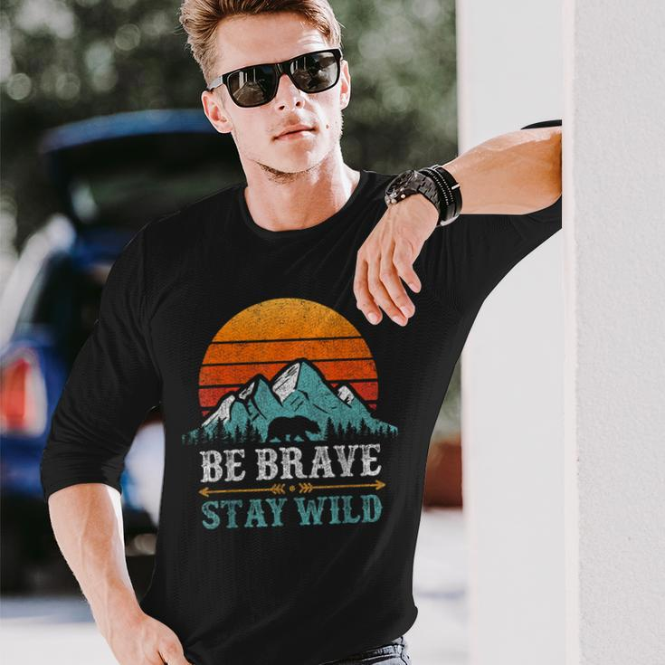 Be Brave Stay Wilderness Bear Mountains Vintage Retro Hiking Long Sleeve T-Shirt Gifts for Him