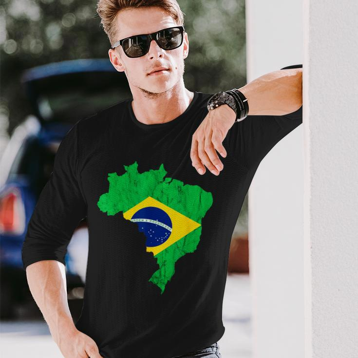 Brazil Map Brazilian Flag Trip Brasileiro Bandeiro Do Brasil Long Sleeve T-Shirt Gifts for Him