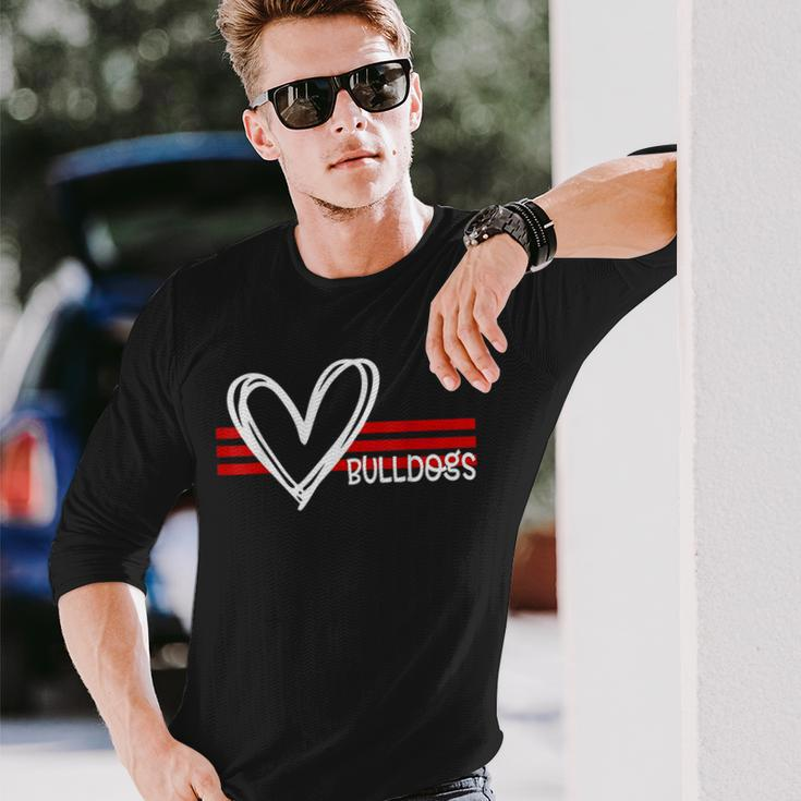 Bulldogs Team Pride School Spirit White Red Heart Long Sleeve T-Shirt Gifts for Him
