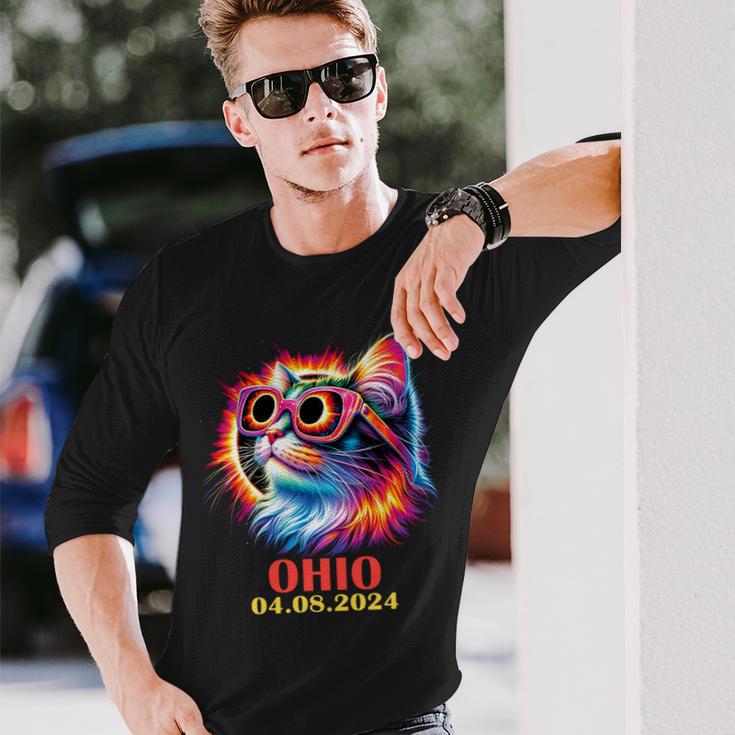 Cat Total Solar Eclipse 2024 Ohio With Solar Eclipse Glasses Long Sleeve T-Shirt Gifts for Him