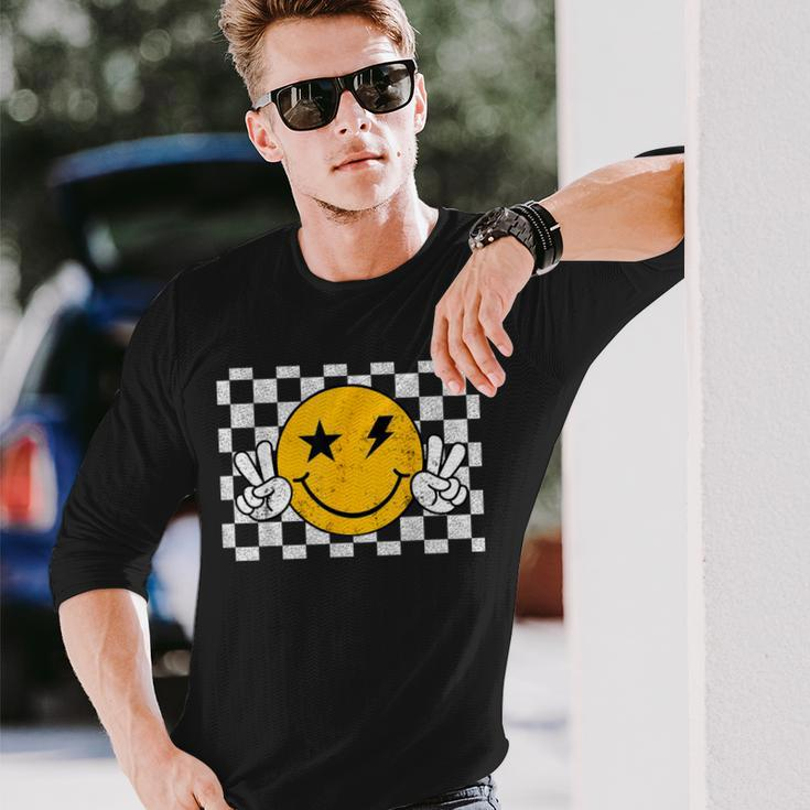 Checkered Pattern Smile Face Trendy Retro Happy Face Long Sleeve T-Shirt Gifts for Him