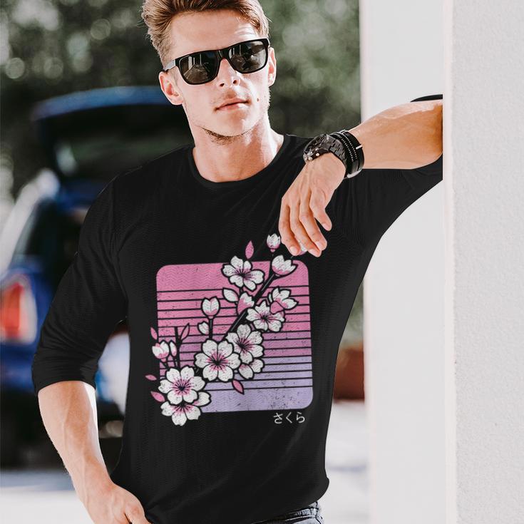 Cherry Blossom Japanese Sakura Vaporwave Aesthetic Vintage Long Sleeve T-Shirt Gifts for Him