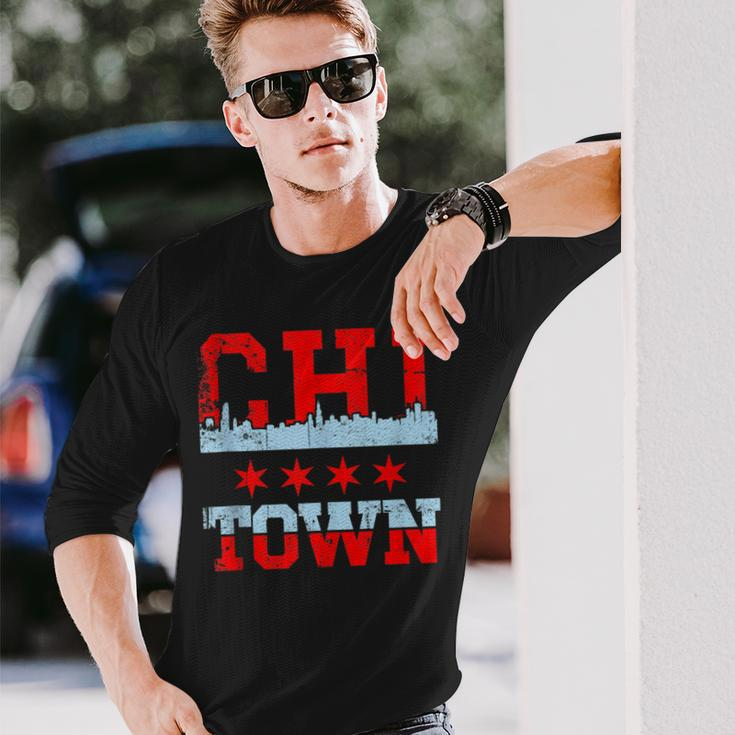 Chi Town Chicago Souvenir Skyline Flag Long Sleeve T-Shirt Gifts for Him