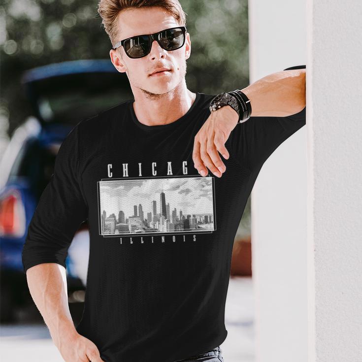 Chicago Illinois Skyline Pride Black & White Vintage Chicago Long Sleeve T-Shirt Gifts for Him