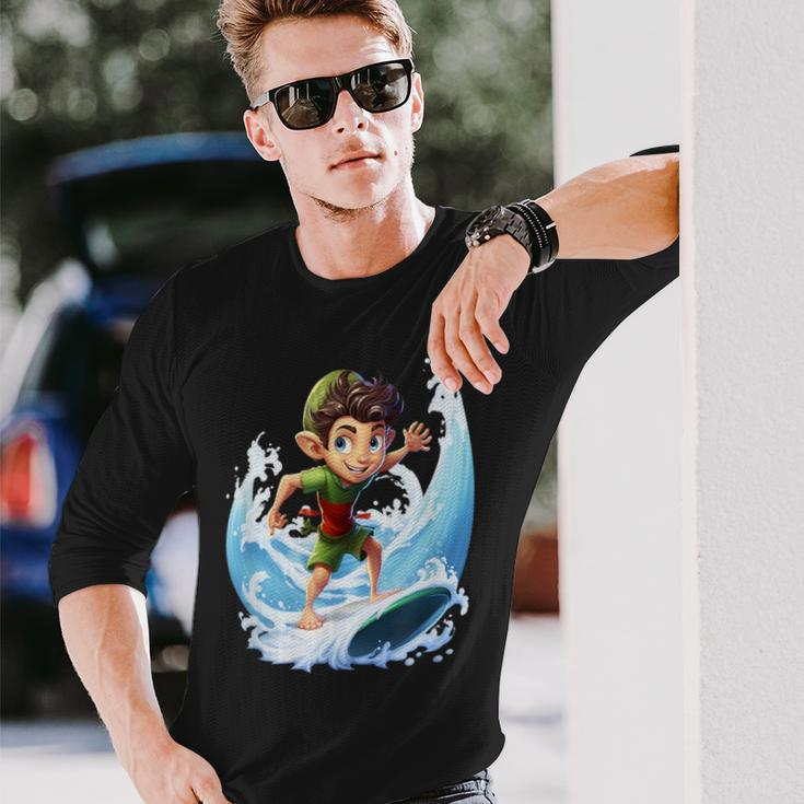 Christmas Elf Riding Surfboard Surfing Surfboarding X-Mas Long Sleeve T-Shirt Gifts for Him