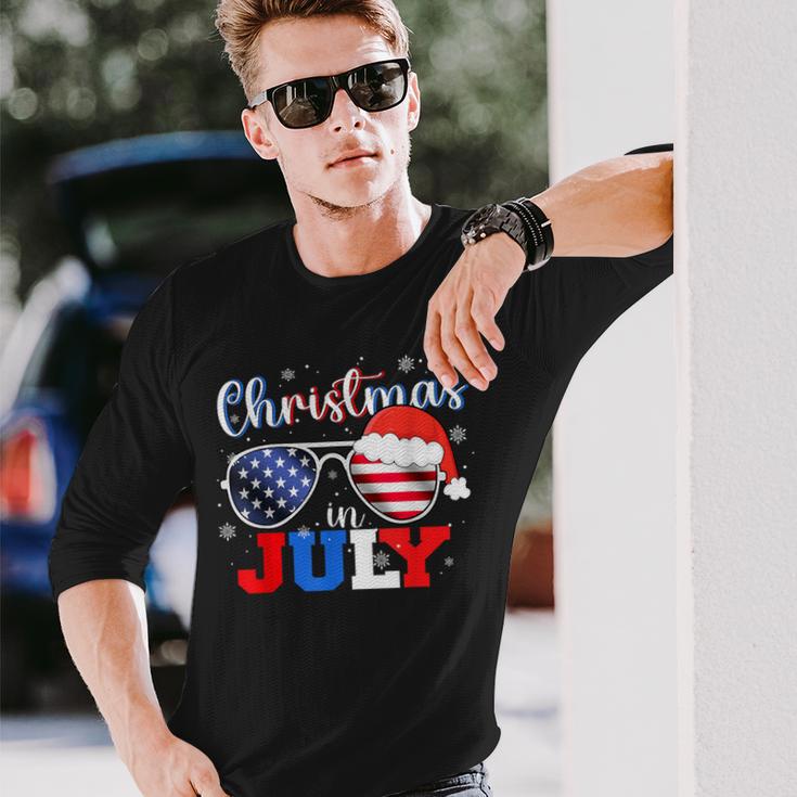 Christmas In July Santa Hat Sunglasses Usa Flag 4Th Of July Long Sleeve T-Shirt Gifts for Him