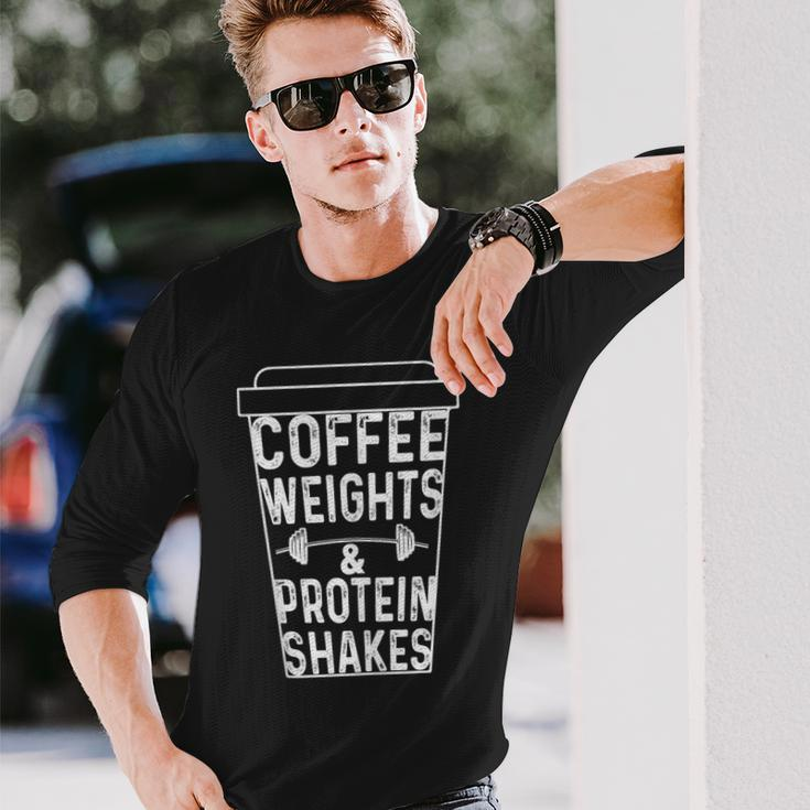 Coffee Weights & Protein Shakes Lifting Long Sleeve T-Shirt Gifts for Him