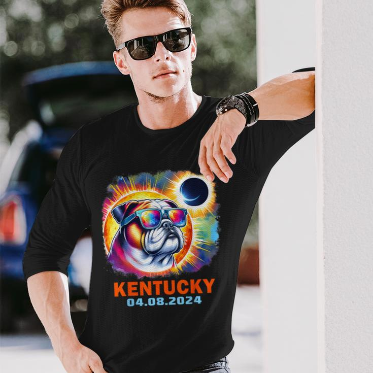 Colorful Bulldog Total Solar Eclipse 2024 Kentucky Long Sleeve T-Shirt Gifts for Him