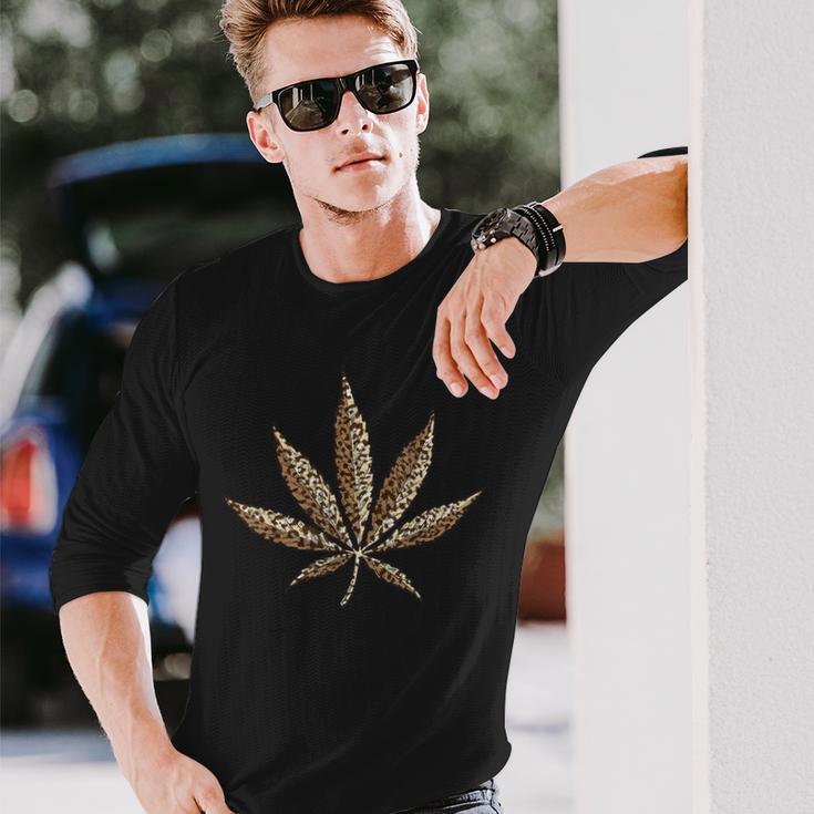 Cool Leopard Print Marijuana Leaf Animal Skin Long Sleeve T-Shirt Gifts for Him