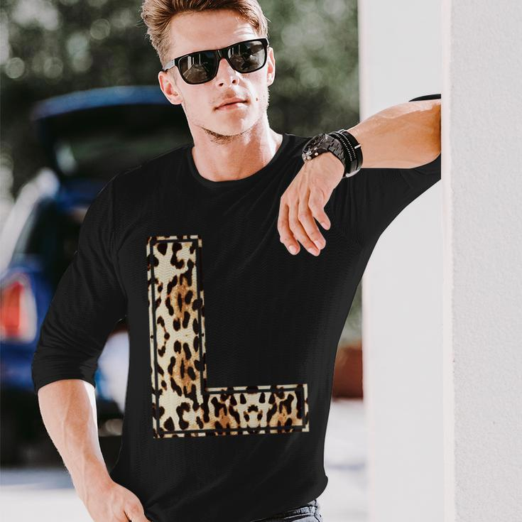 Cool Letter L Initial Name Leopard Cheetah Print Long Sleeve T-Shirt Gifts for Him