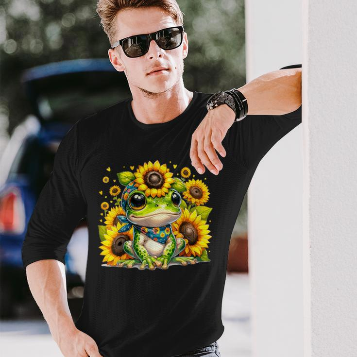 Cute Baby Frog Sunflowers Long Sleeve T-Shirt Gifts for Him