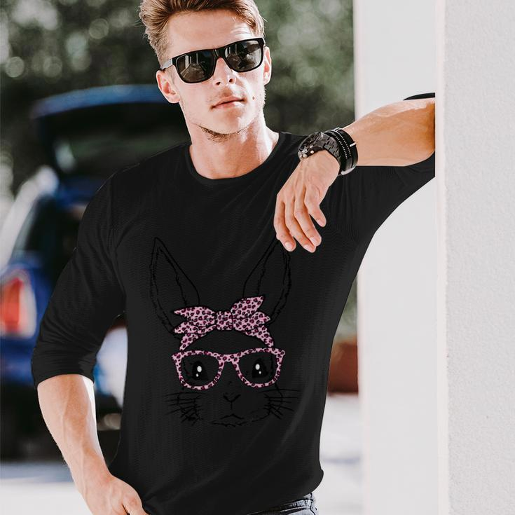 Cute Bunny Rabbit Face With Leopard Glasses Bandana Easter Long Sleeve T-Shirt Gifts for Him