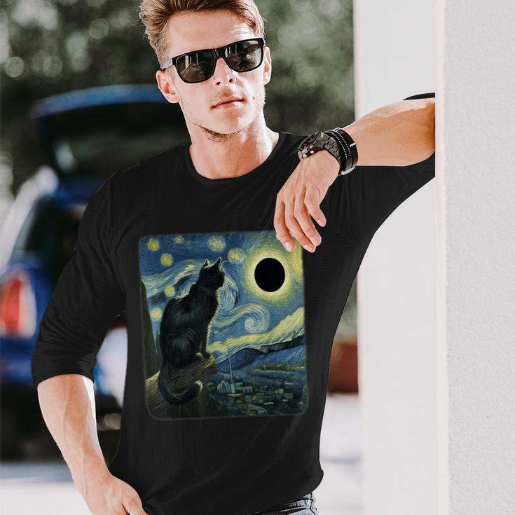 Cute Cat Starry Night Van Gogh Solar Eclipse April 08 2024 Long Sleeve T-Shirt Gifts for Him