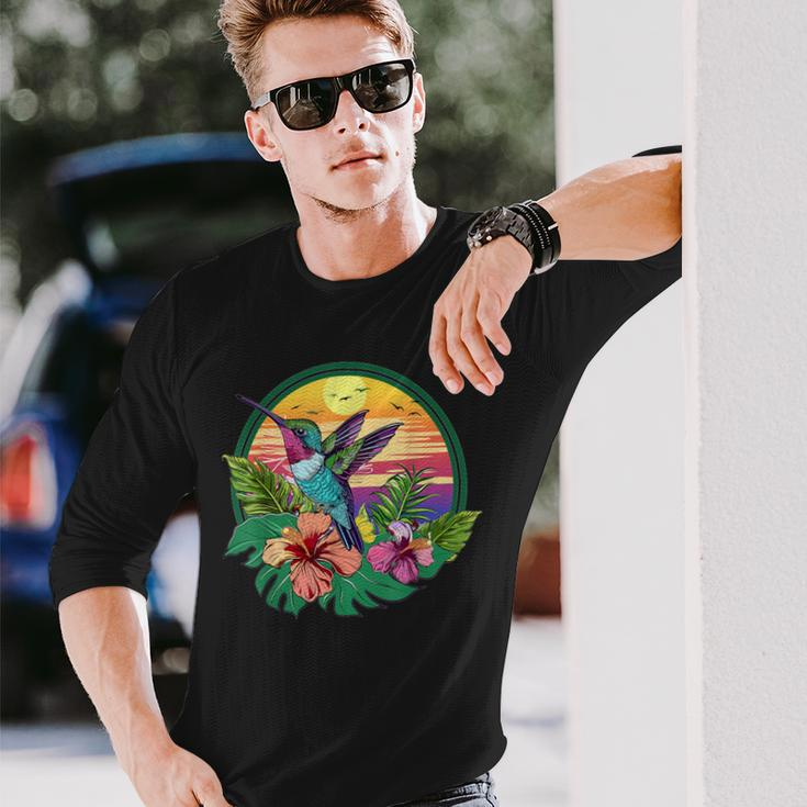 Cute Hummingbird With Flowers I Aesthetic Hummingbird Long Sleeve T-Shirt Gifts for Him