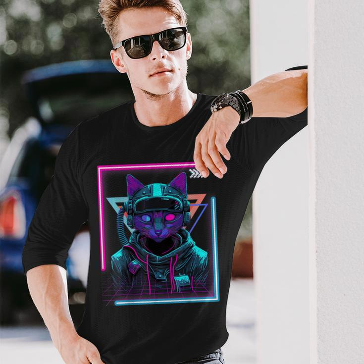 Cyberpunk Cat Kitty Punker Futuristic Cyber Punk Langarmshirts Geschenke für Ihn