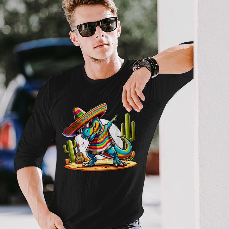 Dabbing Mexican Dinosaur Poncho Cinco De Mayo Let's Fiesta Long Sleeve T-Shirt Gifts for Him