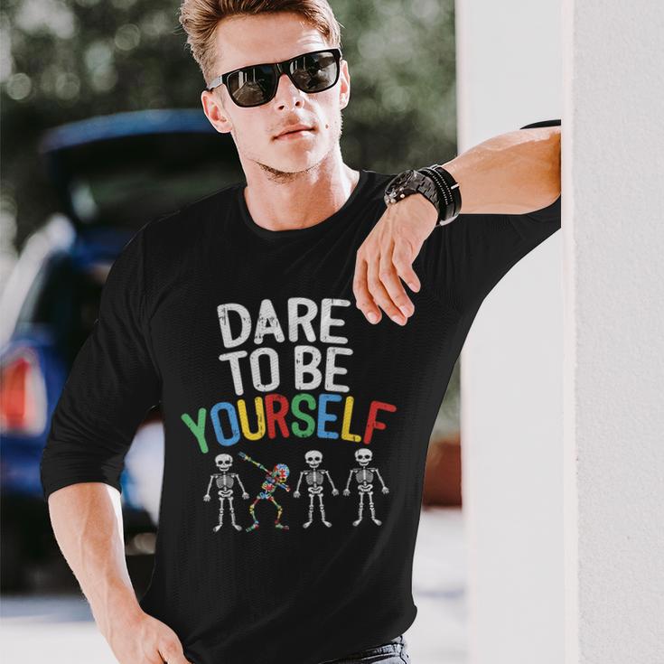 Dare To Be Yourself Autism Awareness Dabbing Skeleton Long Sleeve T-Shirt Gifts for Him