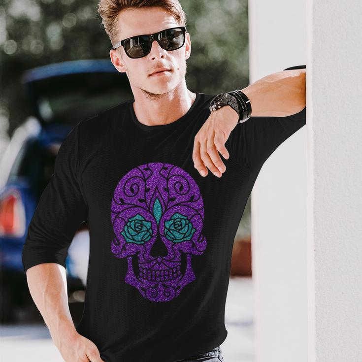Day Of The Dead Cinco De Mayo Purple Sugar SkullLong Sleeve T-Shirt Gifts for Him