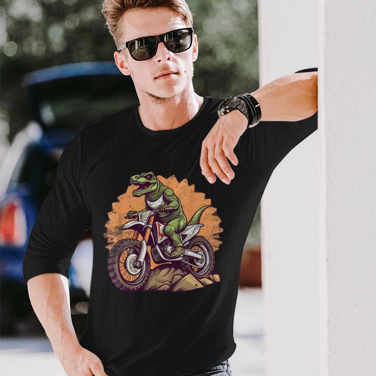 Dinosaur On Dirt Bike T-Rex Motorcycle Riding Long Sleeve T-Shirt Gifts for Him