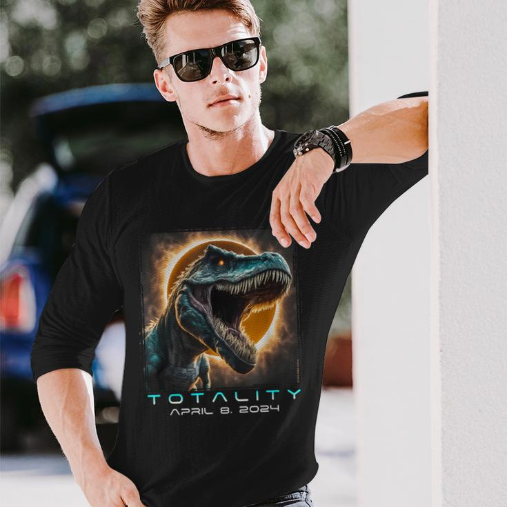 Dinosaur T-Rex Totality April 8 2024 Total Solar Eclipse Long Sleeve T-Shirt Gifts for Him
