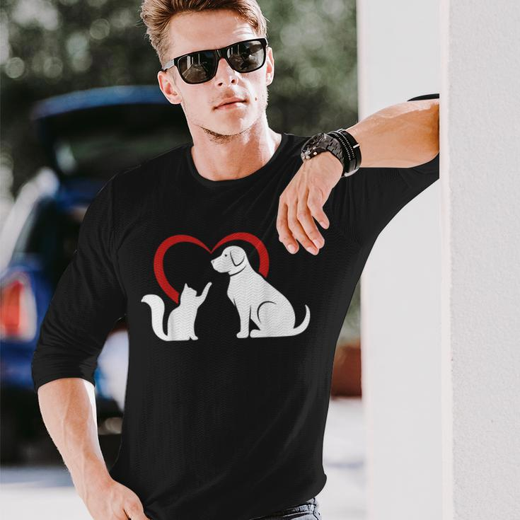 Dog Puppy And Baby Cat Heart Animal Dog & Cat Long Sleeve T-Shirt Gifts for Him