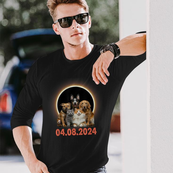 Dogs Cats Lovers Selfie Total Solar Eclipse April 8 2024 Long Sleeve T-Shirt Gifts for Him
